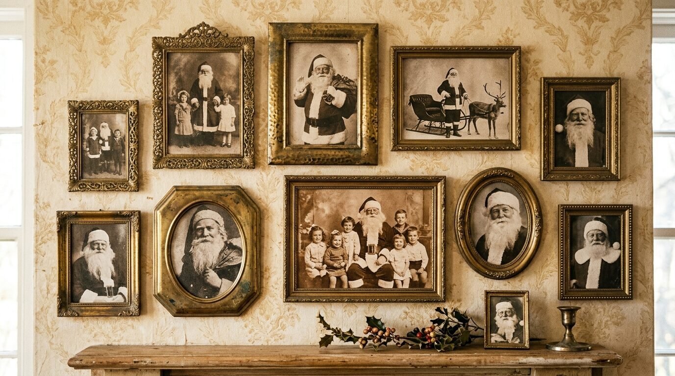 Antique gold frames containing black and white Santa Claus photographs hanging on a patterned wallpaper wall.