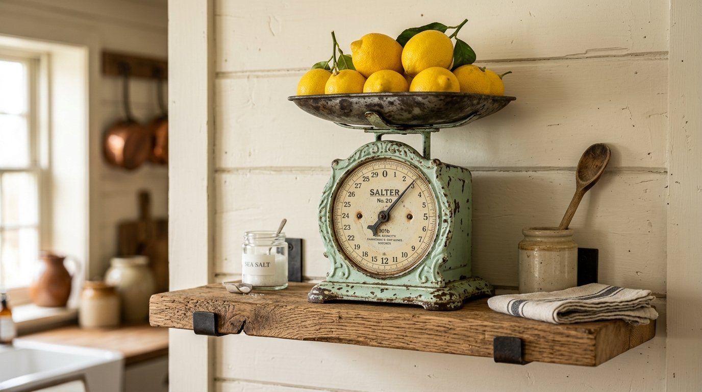 An old mint green Salter scale topped with yellow lemons sits on a reclaimed wood shelf in a farmhouse kitchen.