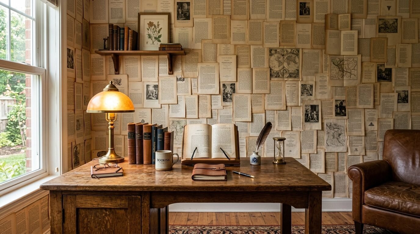 A wooden desk with an open book, lamp, and armchair against a wall decorated with vintage paper pages.