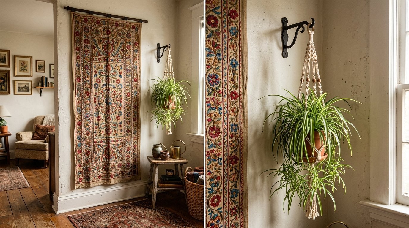 A decorative embroidered textile wall hanging paired with a macrame spider plant planter near a window.