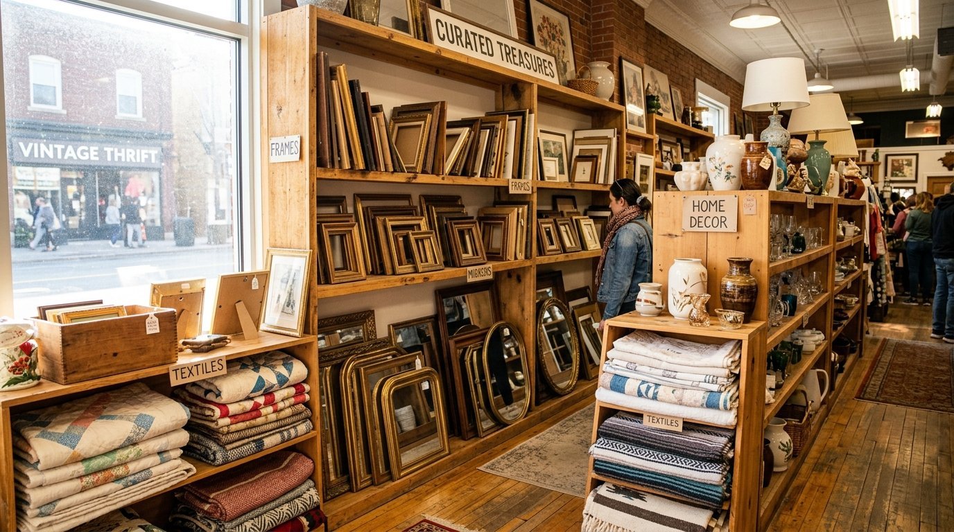 Wooden shelves filled with vintage picture frames, ceramic vases, and folded patterned quilts inside a boutique shop.