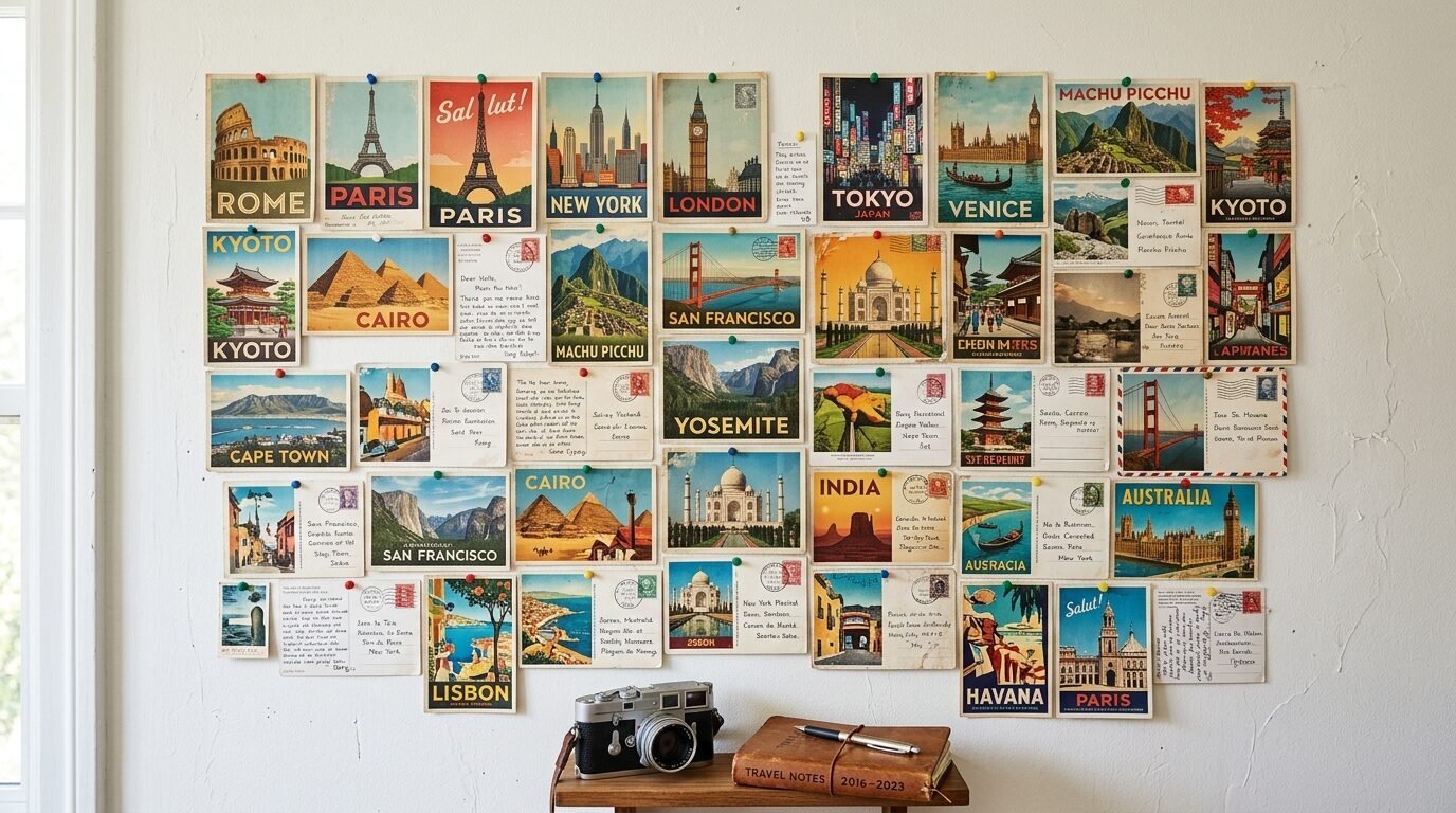 Many colorful world travel postcards pinned to a white wall above a camera and travel journal.
