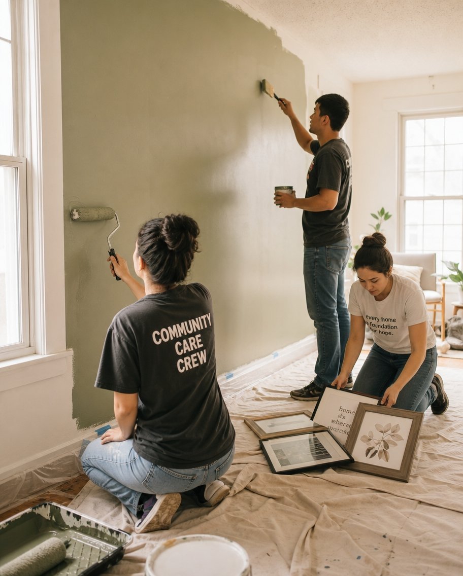 People in a living room painting a wall green and organizing framed artwork on the floor.