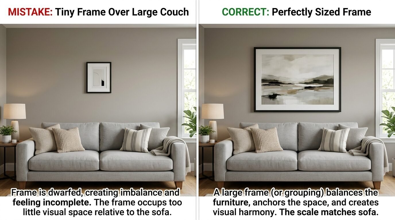 Split view showing a small picture frame versus a properly sized large frame hung above a living room couch.
