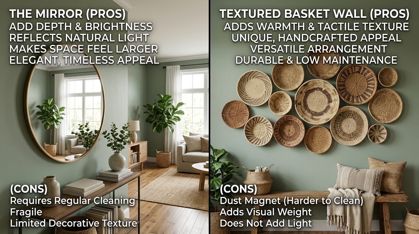 Comparison chart showing a round gold mirror in a living room versus a wall arrangement of woven wicker baskets.