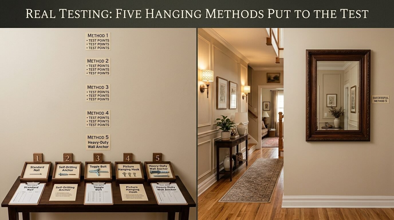 Experimental display featuring five types of wall fasteners arranged on a table with a mirror hung by the final method.
