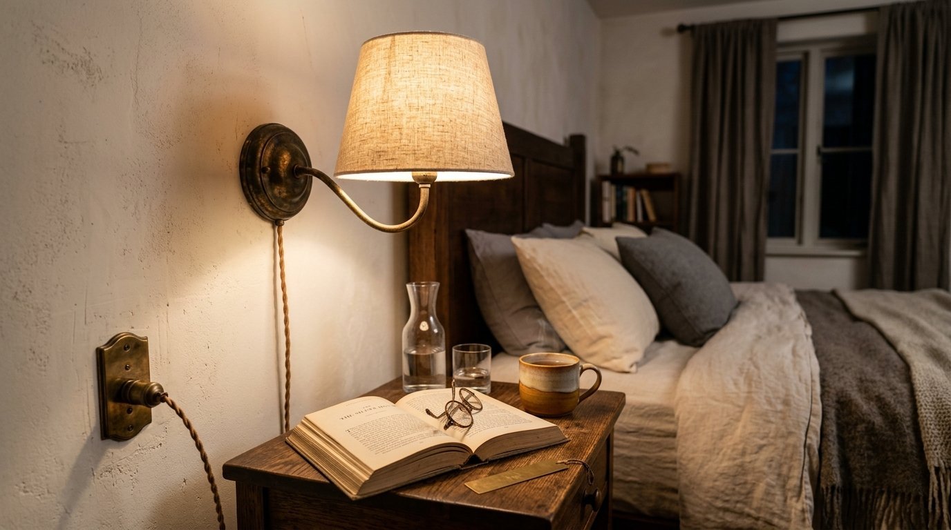 An open book with glasses on a wooden nightstand beside a lit sconce and a ceramic mug.