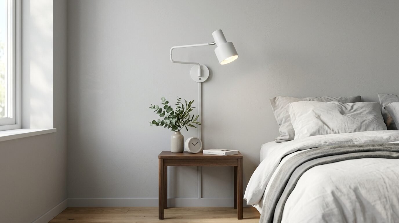 A modern adjustable wall-mounted reading light illuminating a nightstand with a small plant and clock.
