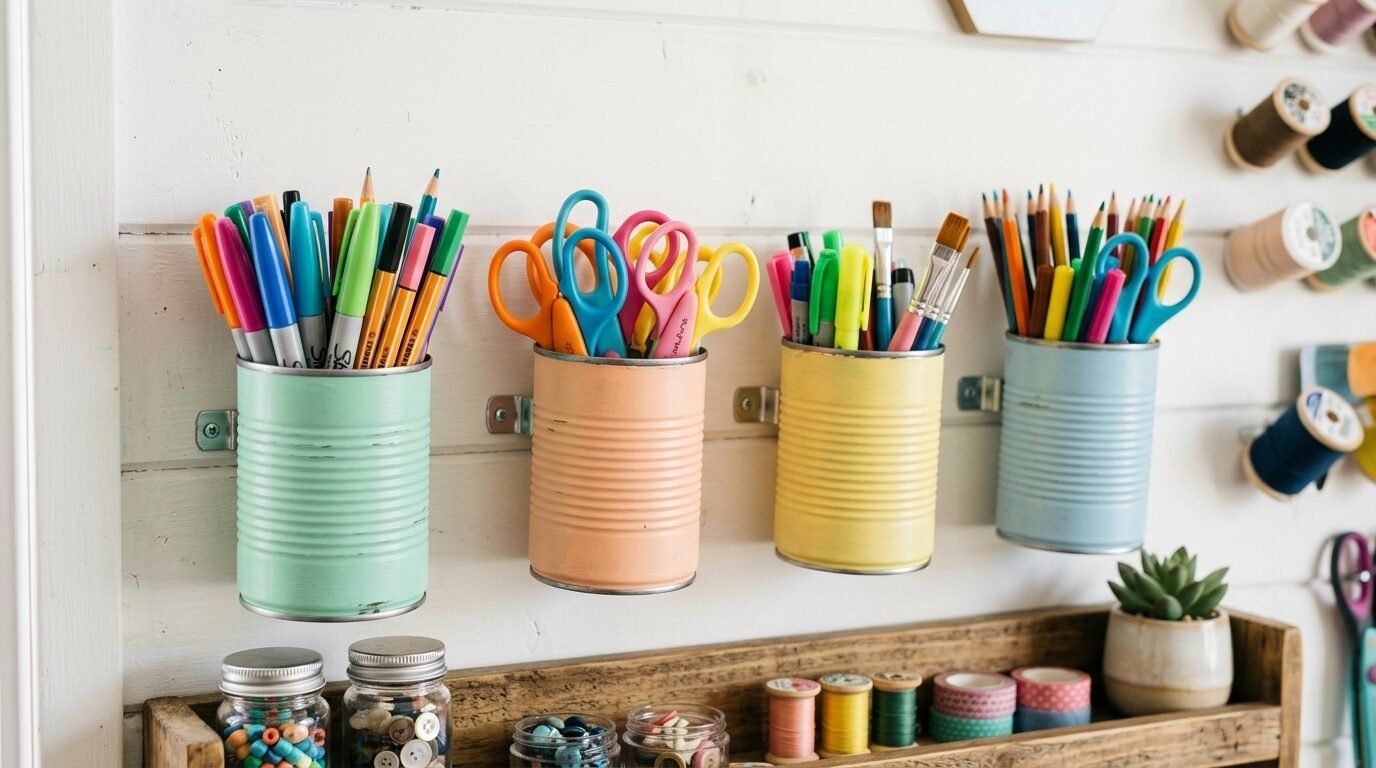 Four pastel metal cans mounted on a white wall holding markers, scissors, and paintbrushes.