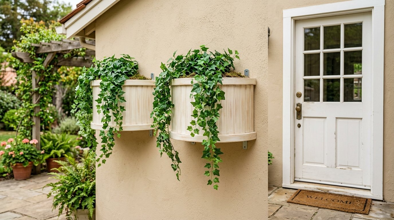 Trailing green ivy plants growing in two white fluted wall-mounted pots near a cottage door.