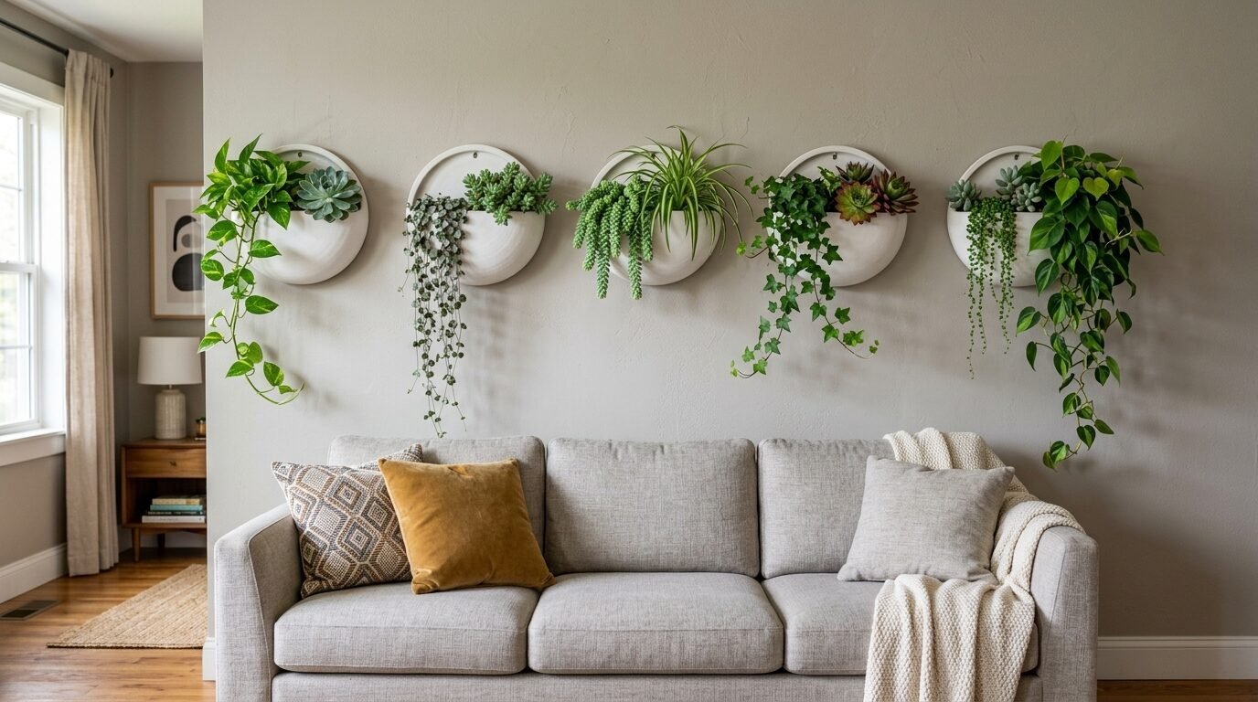 A beige wall features five round white hanging planters filled with various succulents and trailing green vines.