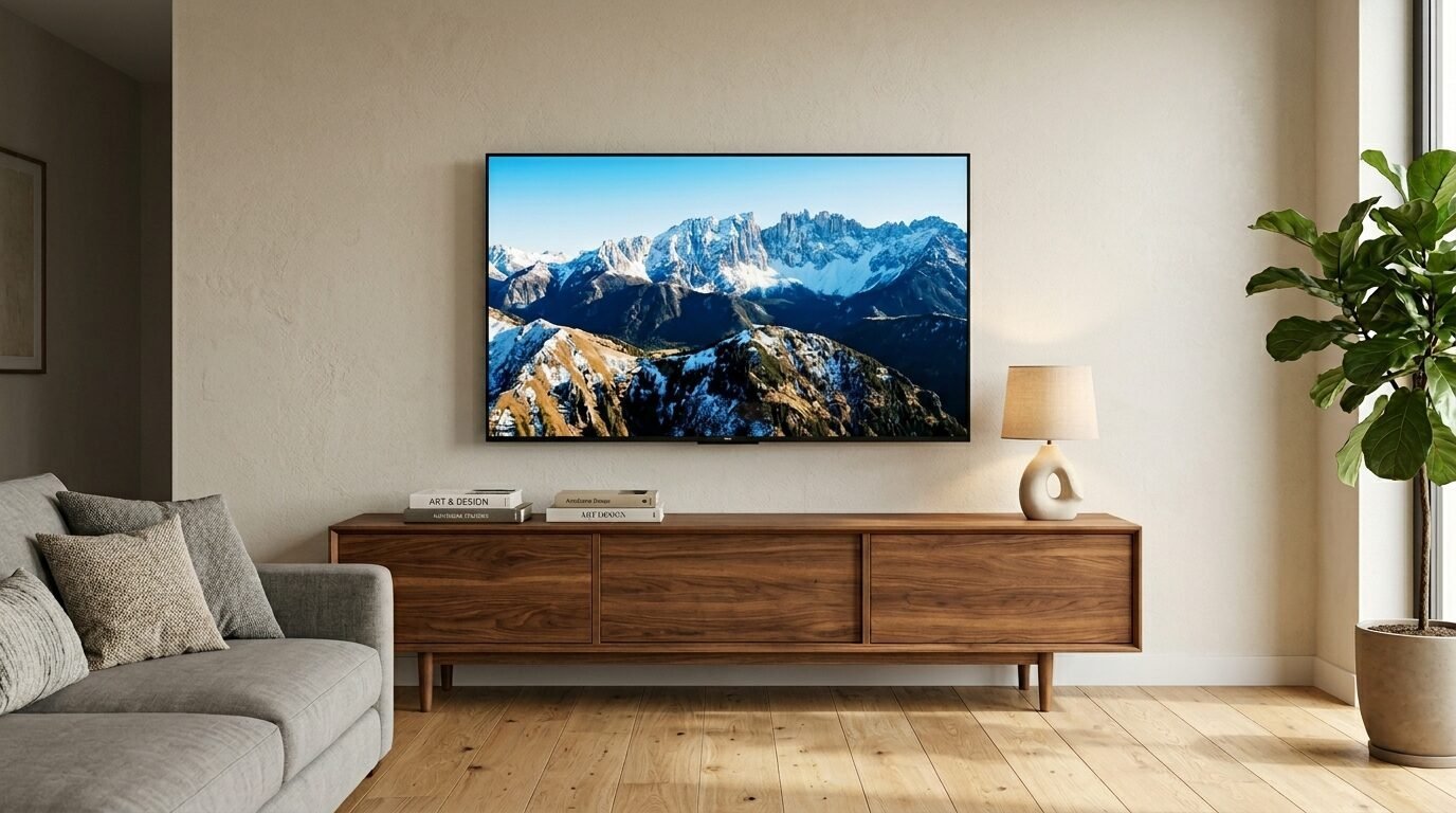 A flat screen TV on a beige wall above a wooden media console with books, a lamp, and a potted plant.