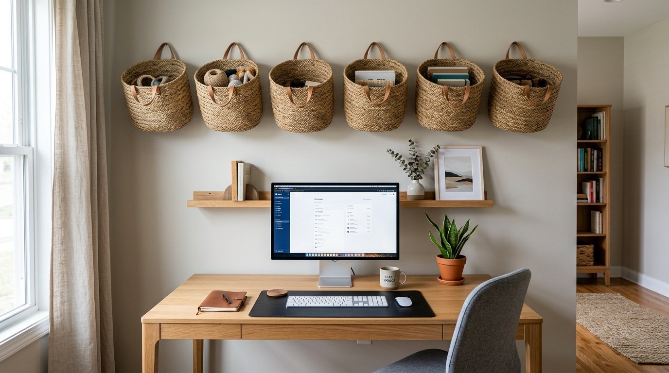 A tidy home desk setup featuring six decorative wicker baskets mounted on the wall above a computer monitor.