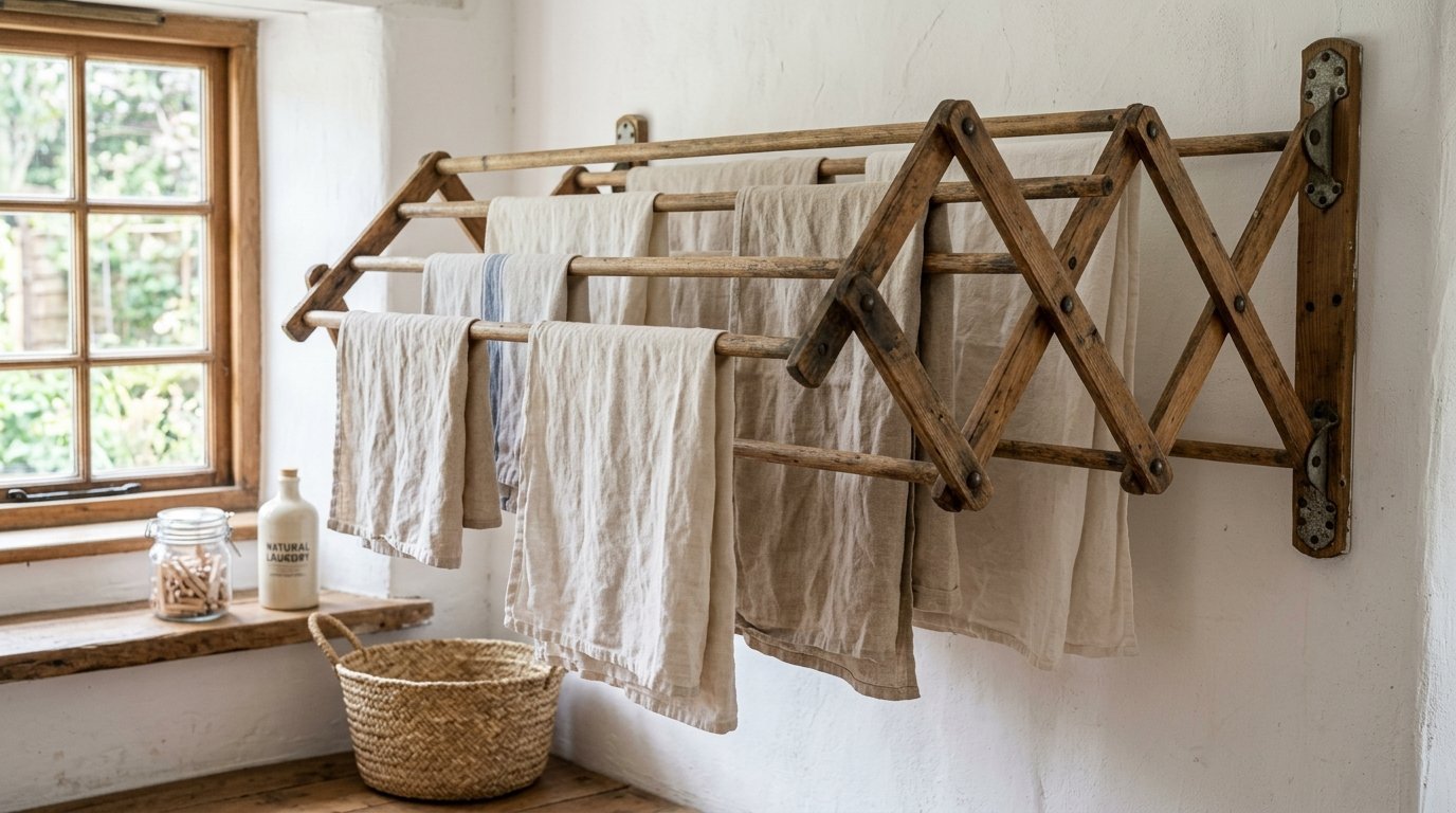 An antique wooden drying rack mounted on a white wall with hanging kitchen textiles near a window.