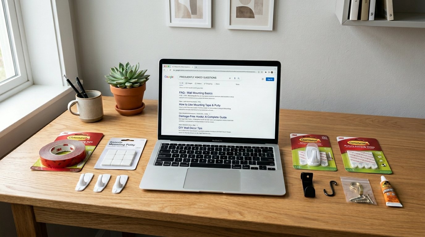 A desk with a laptop showing wall mounting search results, surrounded by adhesive strips, hooks, and hardware.
