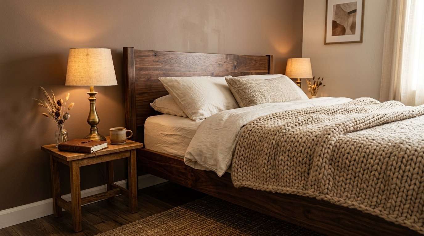 A warm, neutral bedroom interior with a solid wood bed, chunky beige knitted blanket, and a glowing bedside table lamp.