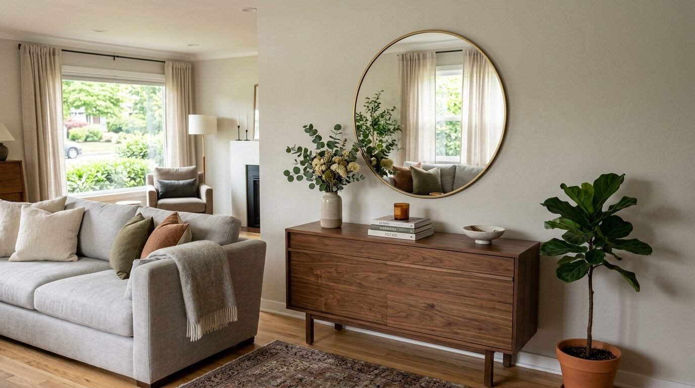 A warm living room with a walnut console table, gold-rimmed wall mirror, and a small potted fig tree.