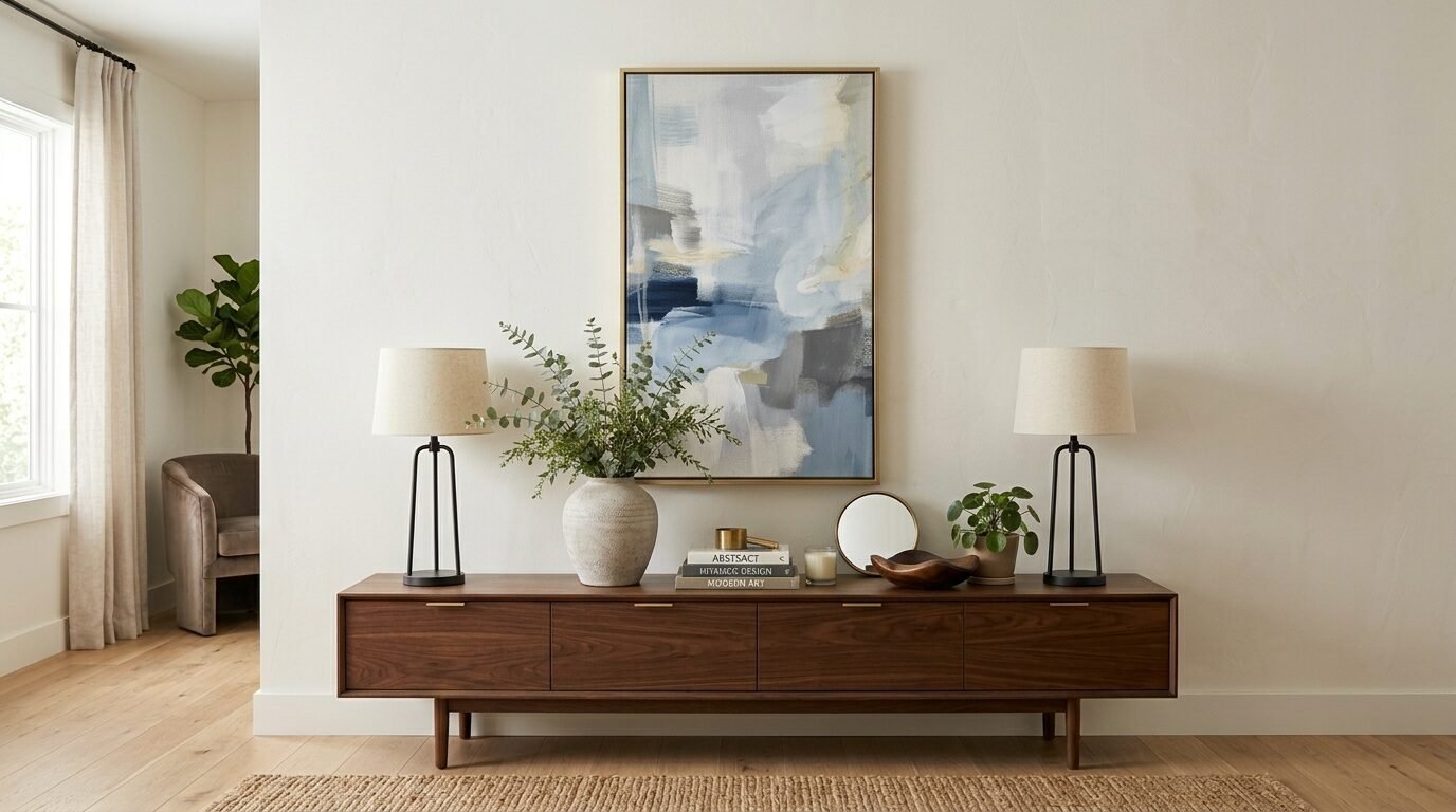 A wooden sideboard with two lamps and decorative plants sitting beneath a framed abstract painting.