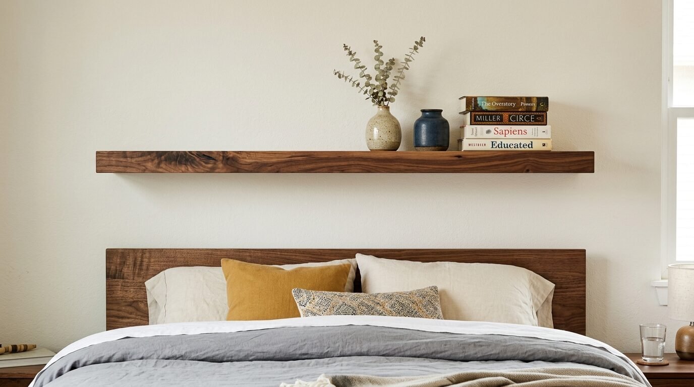 Floating walnut shelf above a bed featuring stacked books, a blue vase, and dried eucalyptus branches.