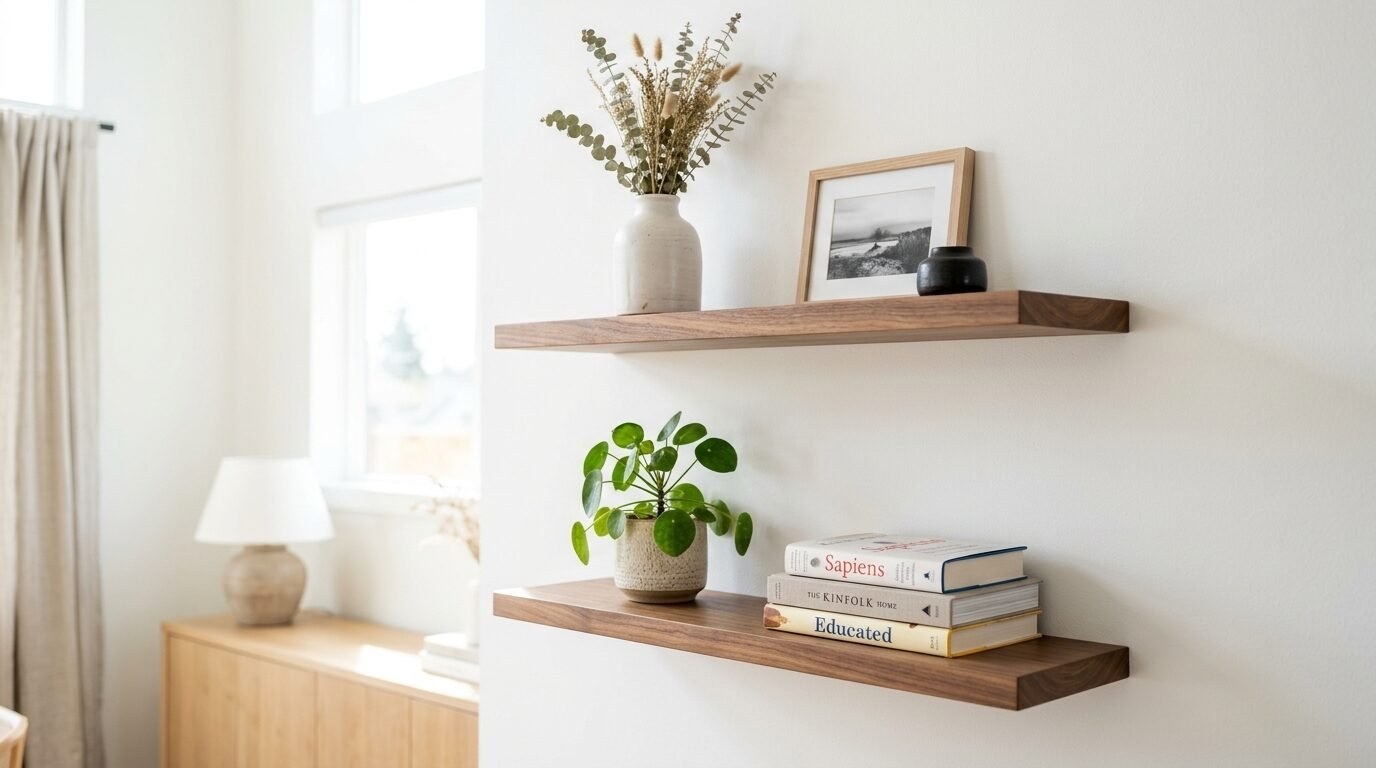 Two walnut floating shelves on a white wall holding books, a potted Pilea plant, a vase, and a small picture frame.