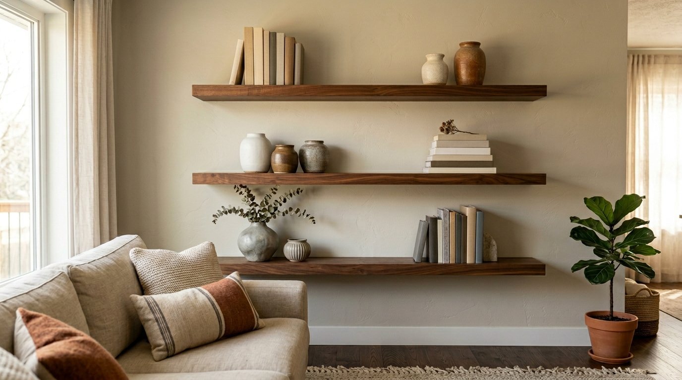 Three dark wood floating shelves mounted on a beige wall decorated with ceramic vases and stacked hardcover books.
