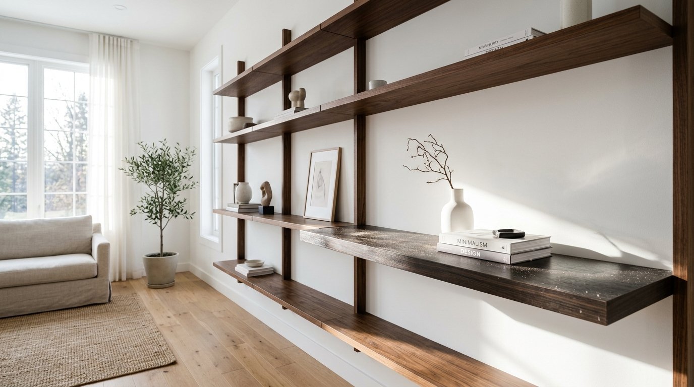 Modern wooden wall shelving unit adorned with art, books, and vases in a bright sunlit living room.