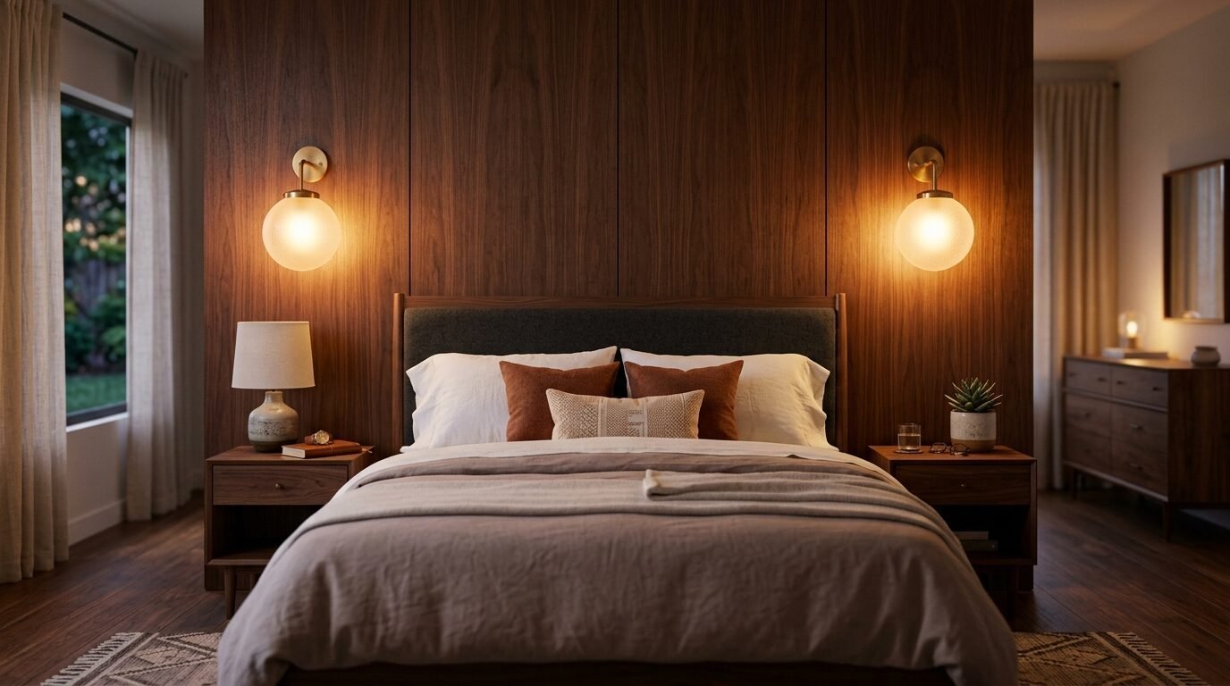 A cozy bedroom with a dark wood paneled wall, spherical wall sconces, and a bed dressed in neutral-toned linens.
