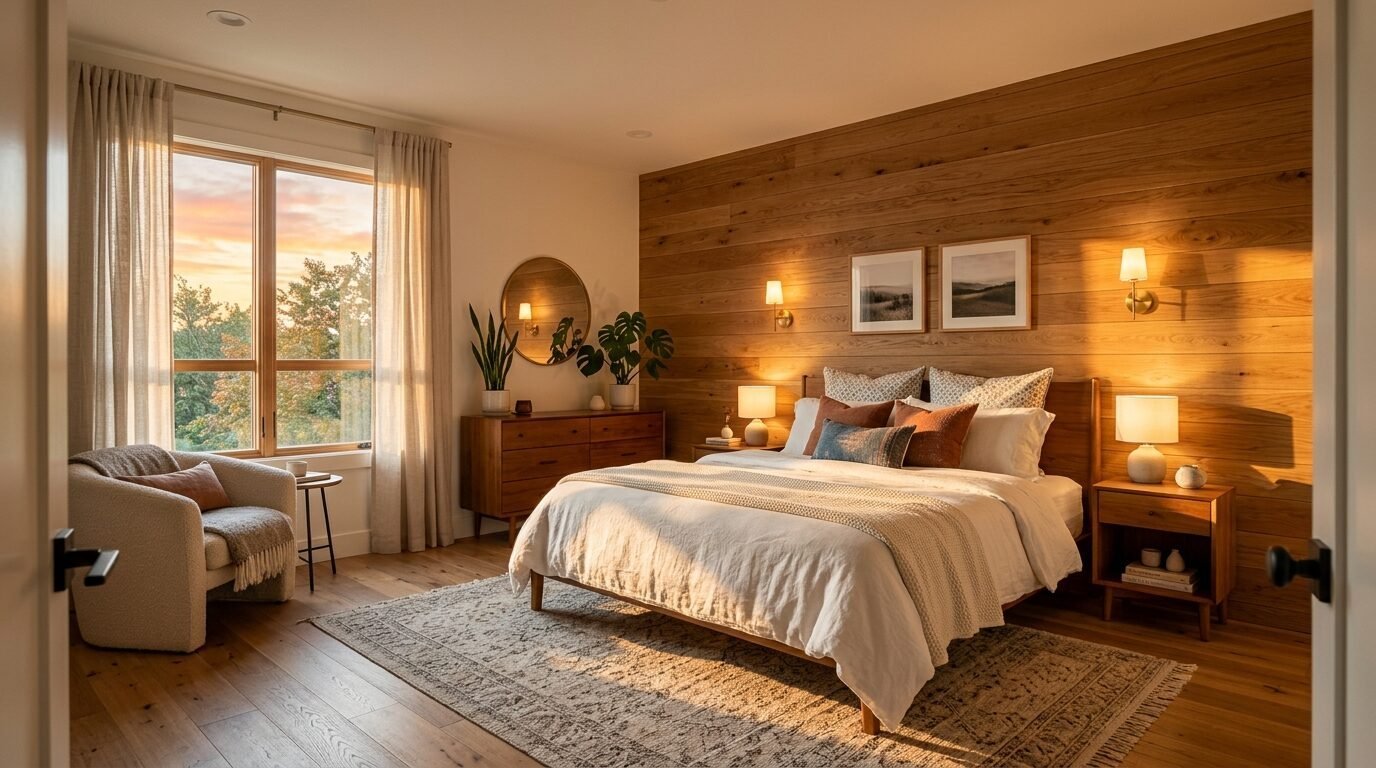 Modern bedroom with a wooden feature wall, plush cream chair, and sunset light streaming through the window.