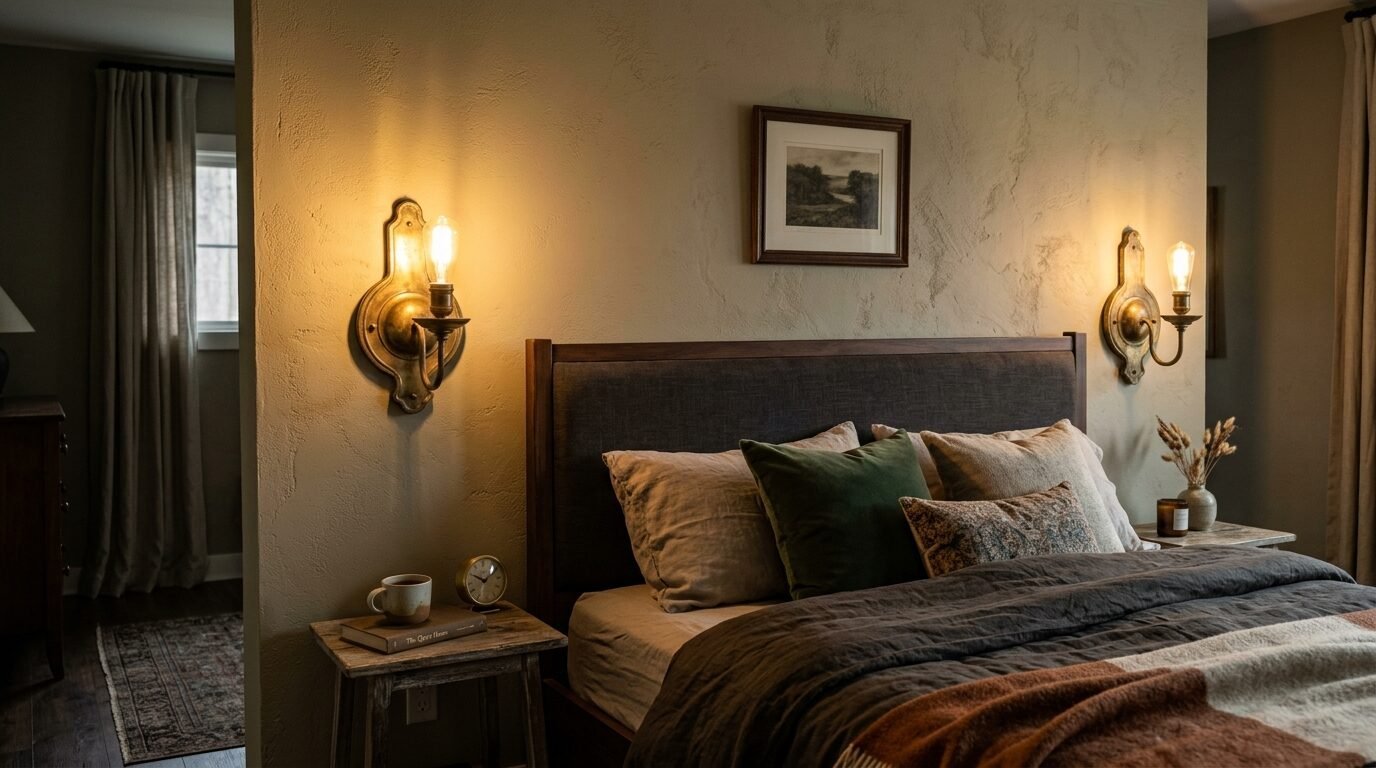 A rustic bedroom with two bronze wall sconces illuminating a bed with green and brown pillows against a textured wall.