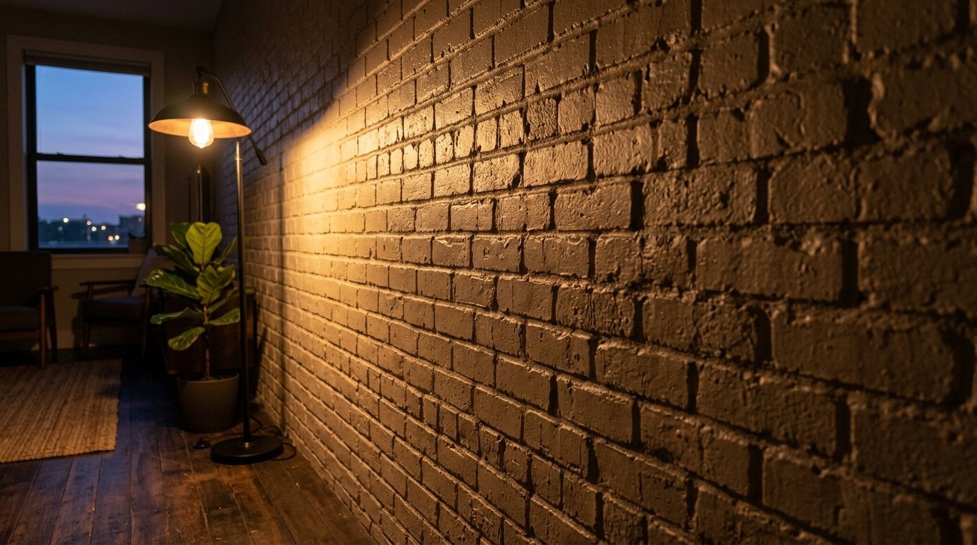 Close up of an illuminated brick wall next to a standing lamp with a potted plant in the background.