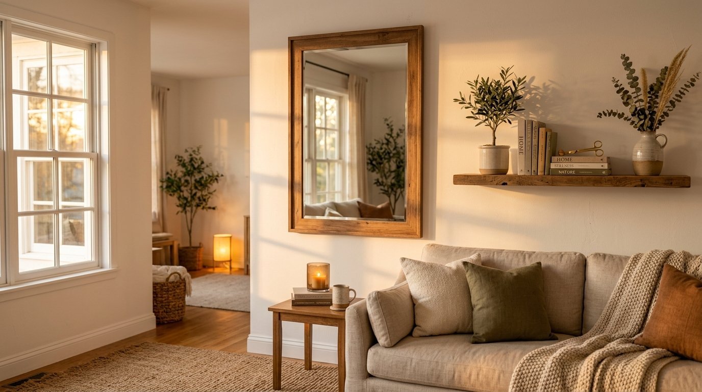 Bright living room with a beige sofa, wooden framed mirror, and a wall shelf decorated with plants and books.