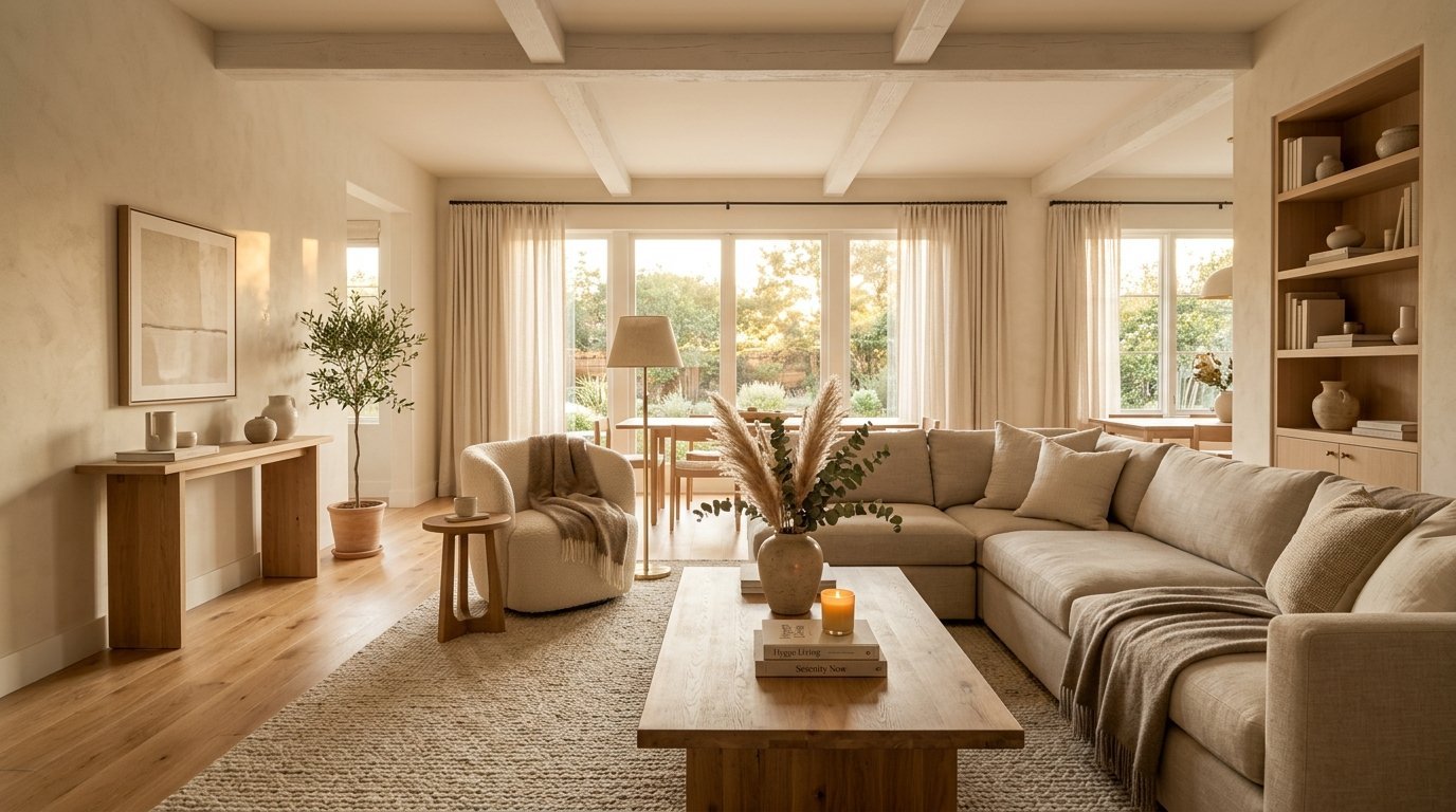 Modern living room with a cream-colored sectional sofa, wooden table, and natural sunlight streaming through windows.