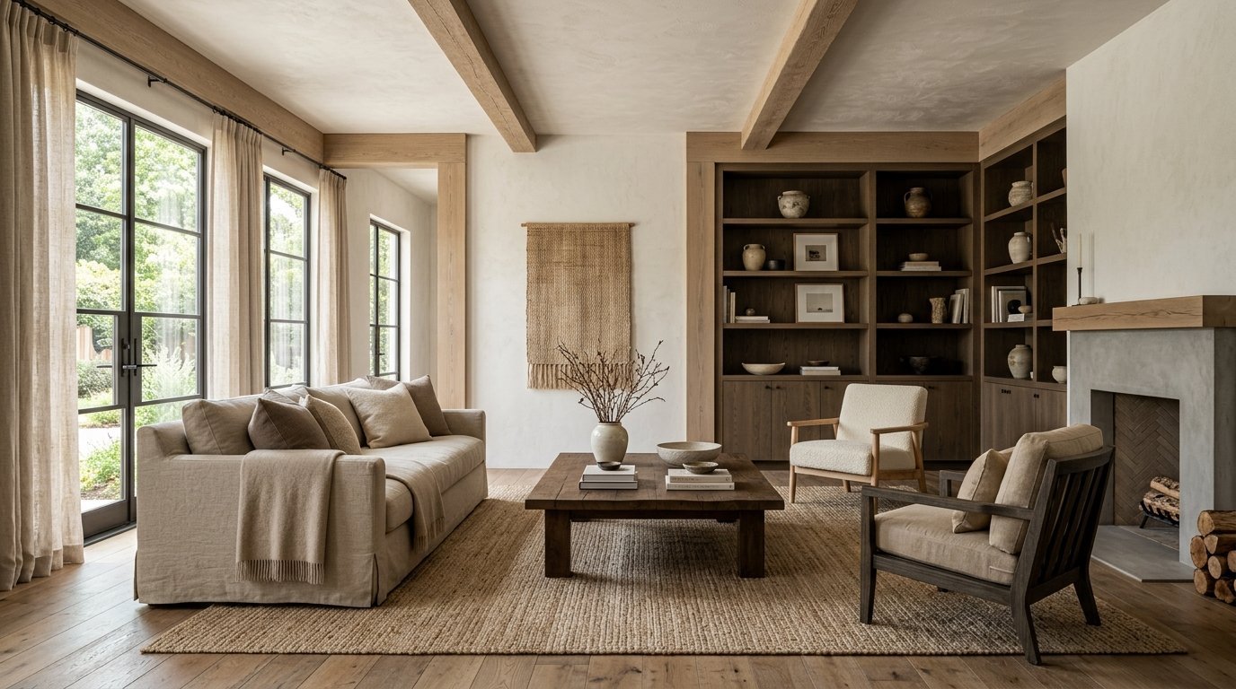 Cozy living space featuring a beige sofa, wooden coffee table, and built-in dark wood shelving near a fireplace.
