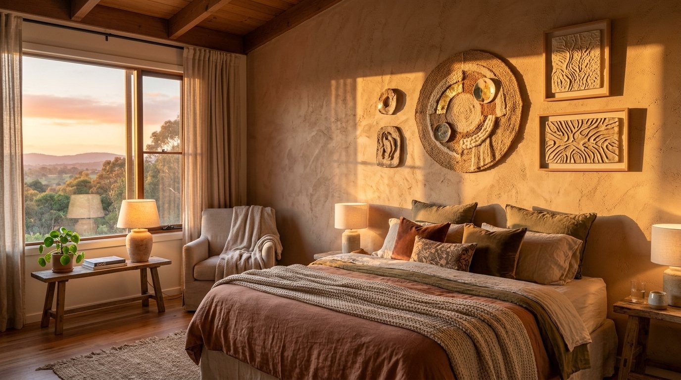 A cozy bedroom featuring textured walls, earthy bedding, and a large window overlooking a golden sunset.