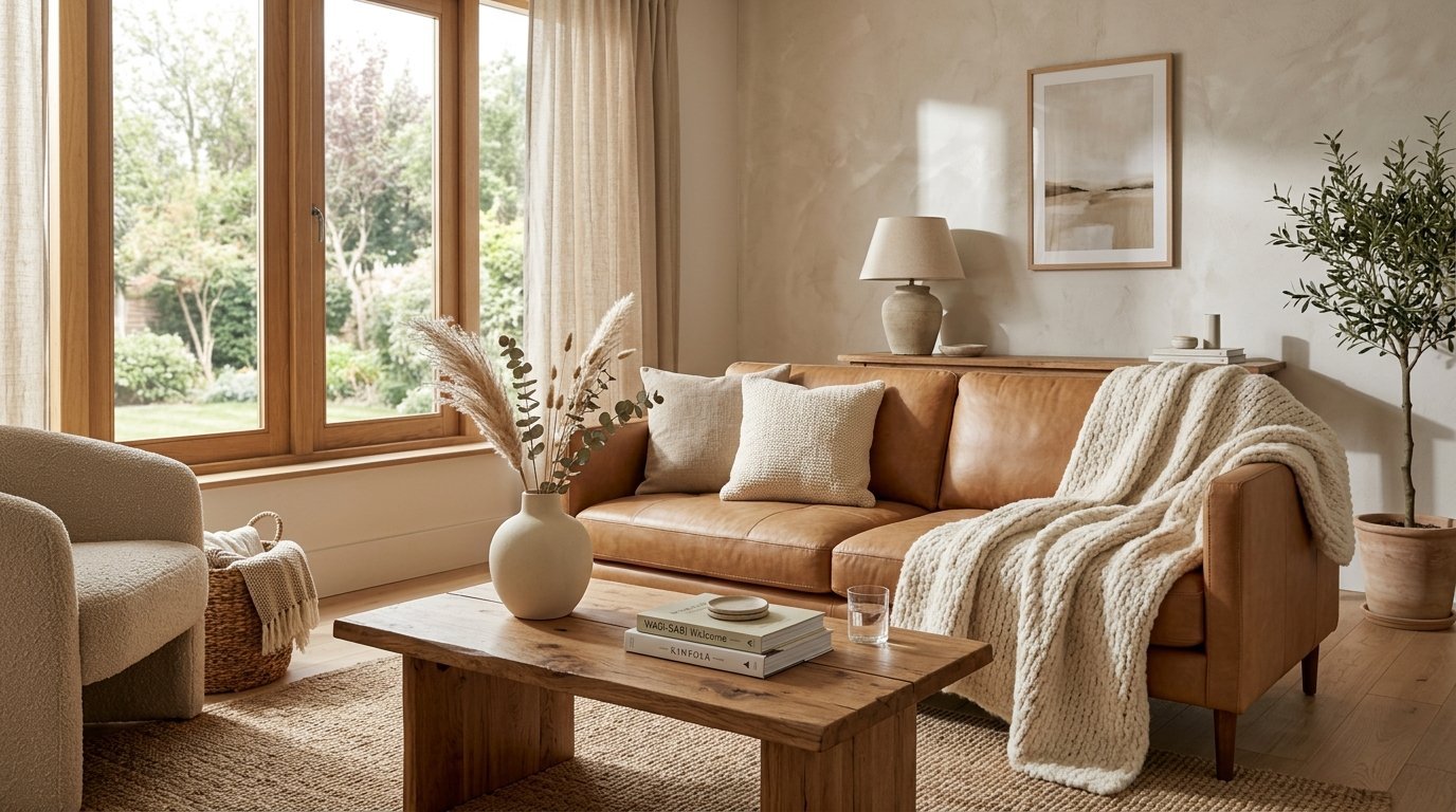 A beige living room features a tan leather sofa with a cream throw blanket and a wooden coffee table with books.