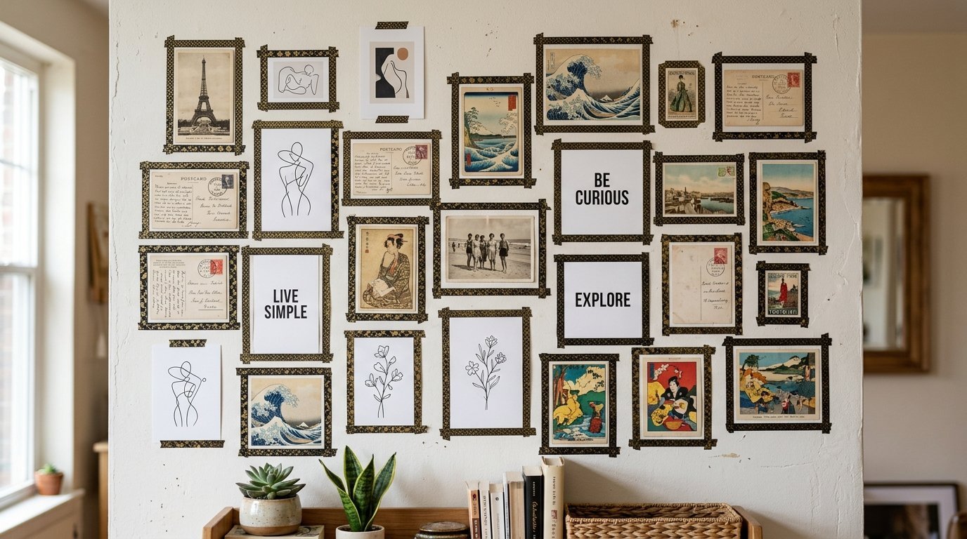 Gallery wall featuring various art prints, postcards, and motivational signs attached with patterned washi tape.
