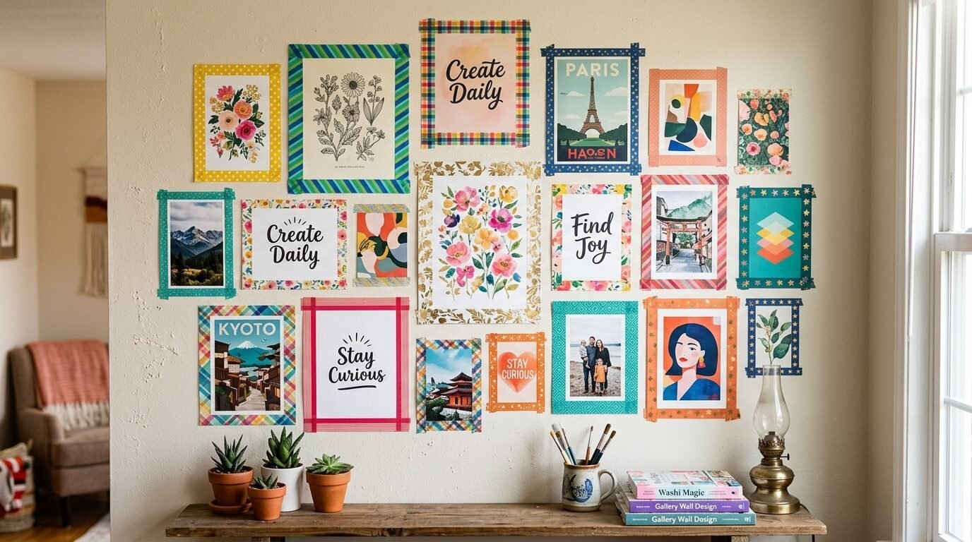An eclectic wall display of art prints and photos secured with patterned washi tape above a rustic wooden shelf.