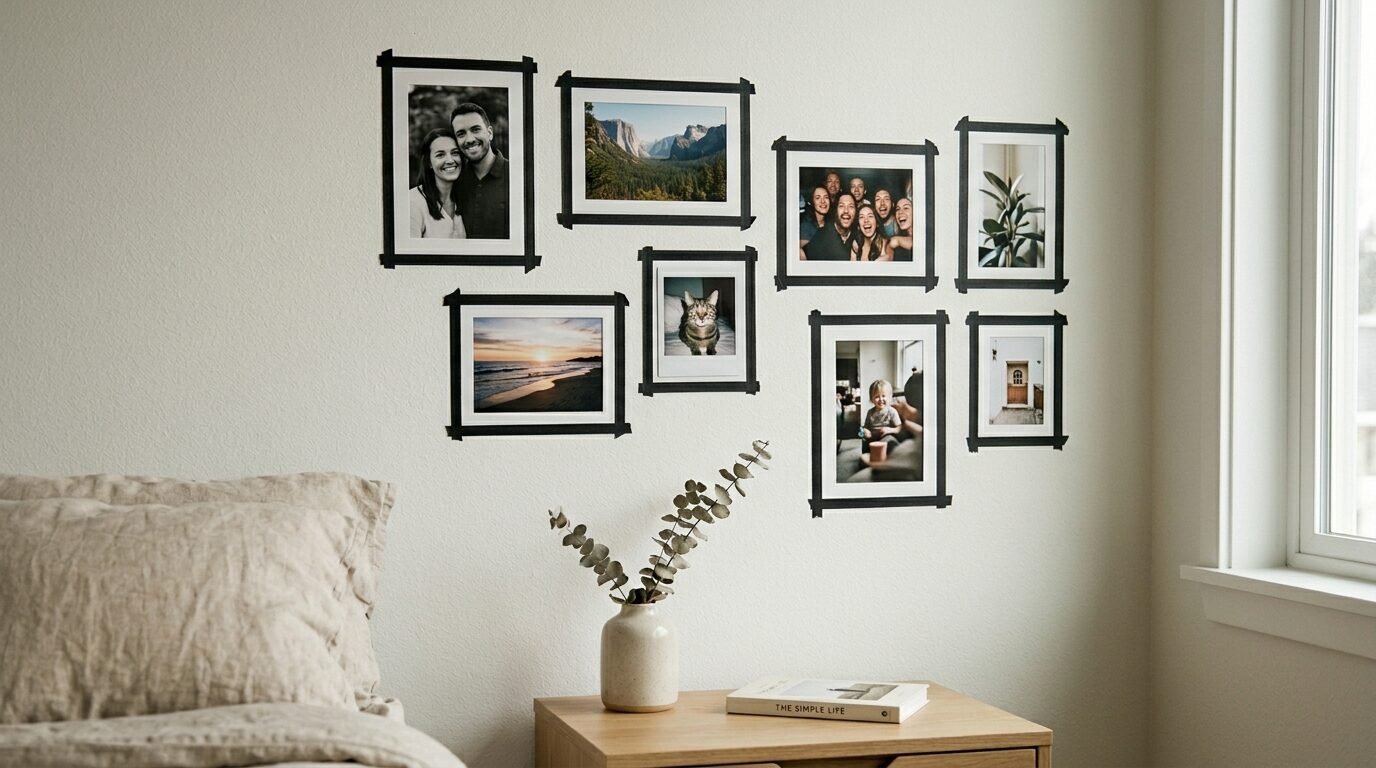A bedroom wall decorated with seven photographs bordered by black washi tape above a wooden nightstand.