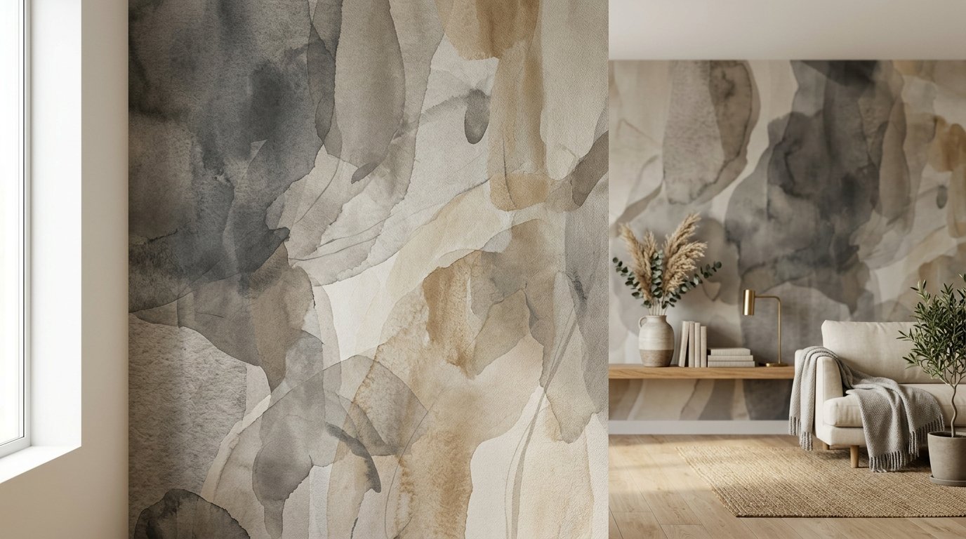 Close up of watercolor wallpaper with grey and tan ink washes in a modern living space.