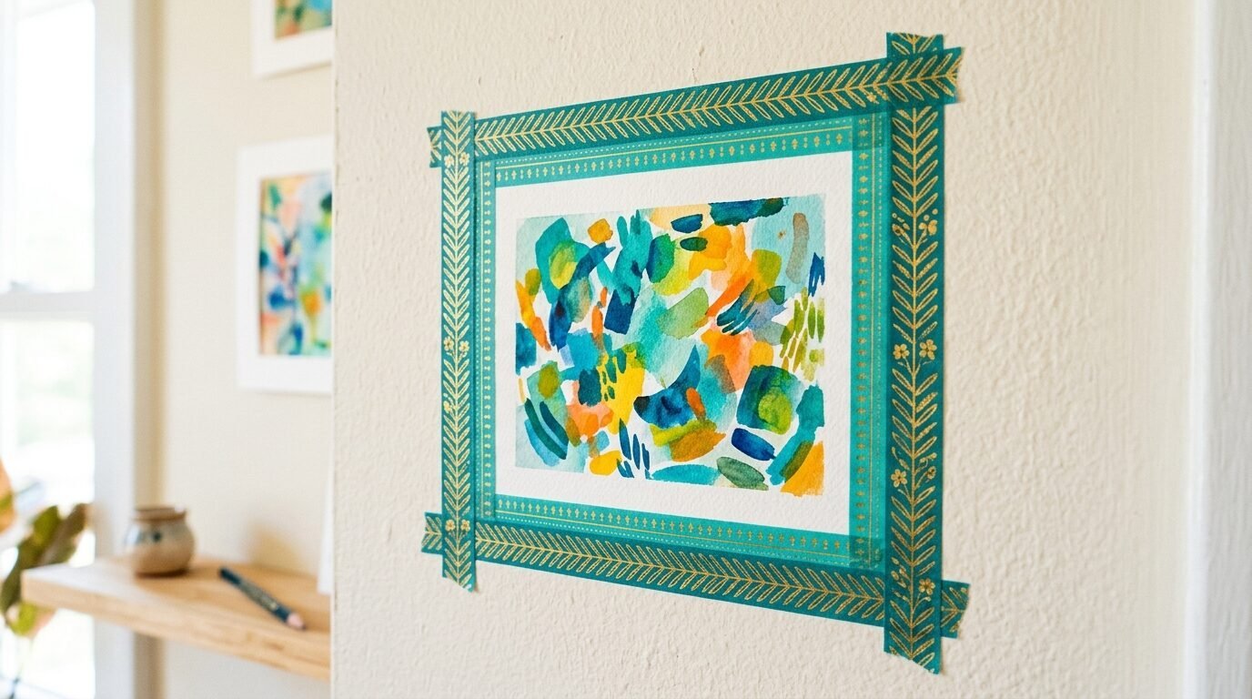 Colorful abstract watercolor artwork taped to a textured wall using decorative teal and gold leaf pattern washi tape.
