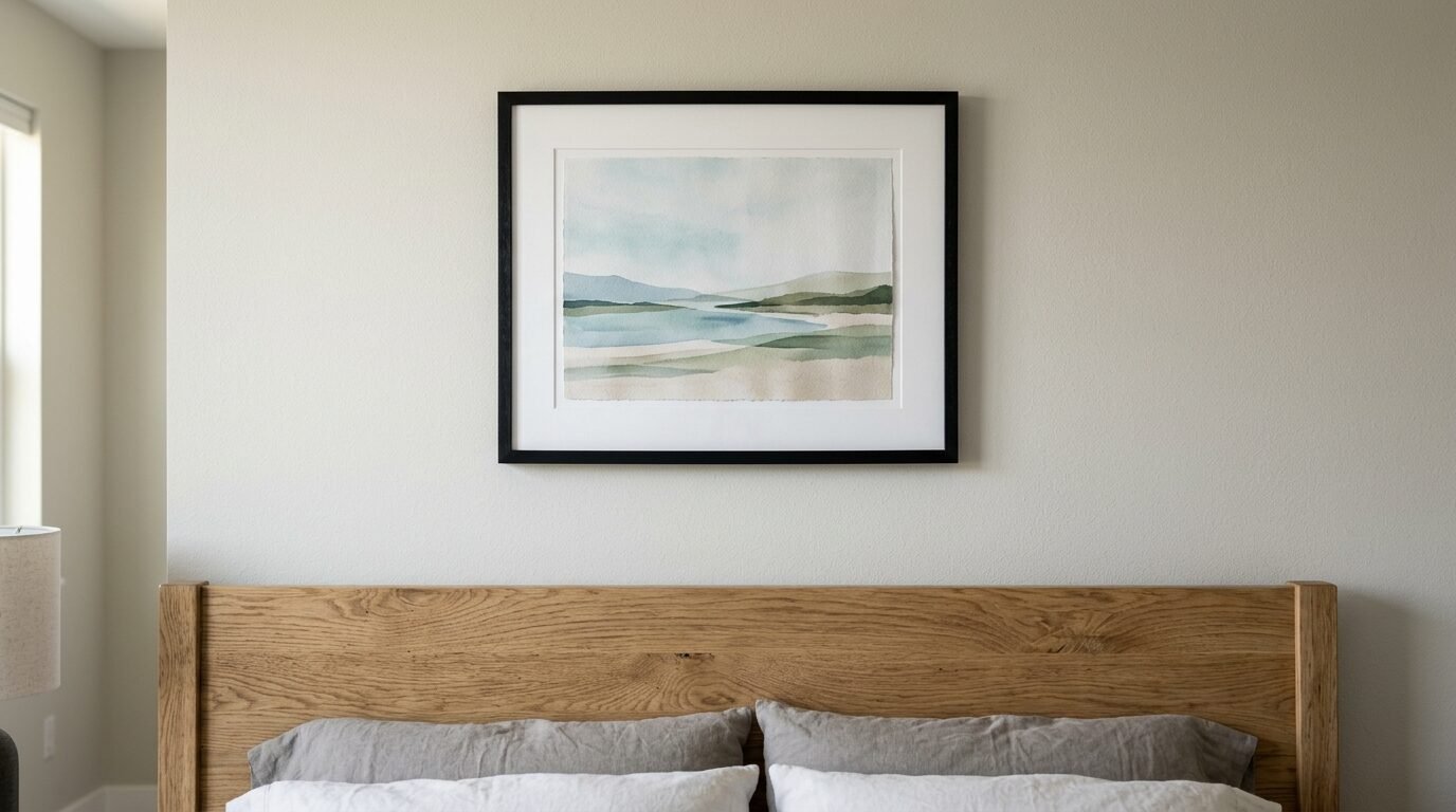 A framed abstract landscape painting with blue and green tones hanging over a wood headboard.