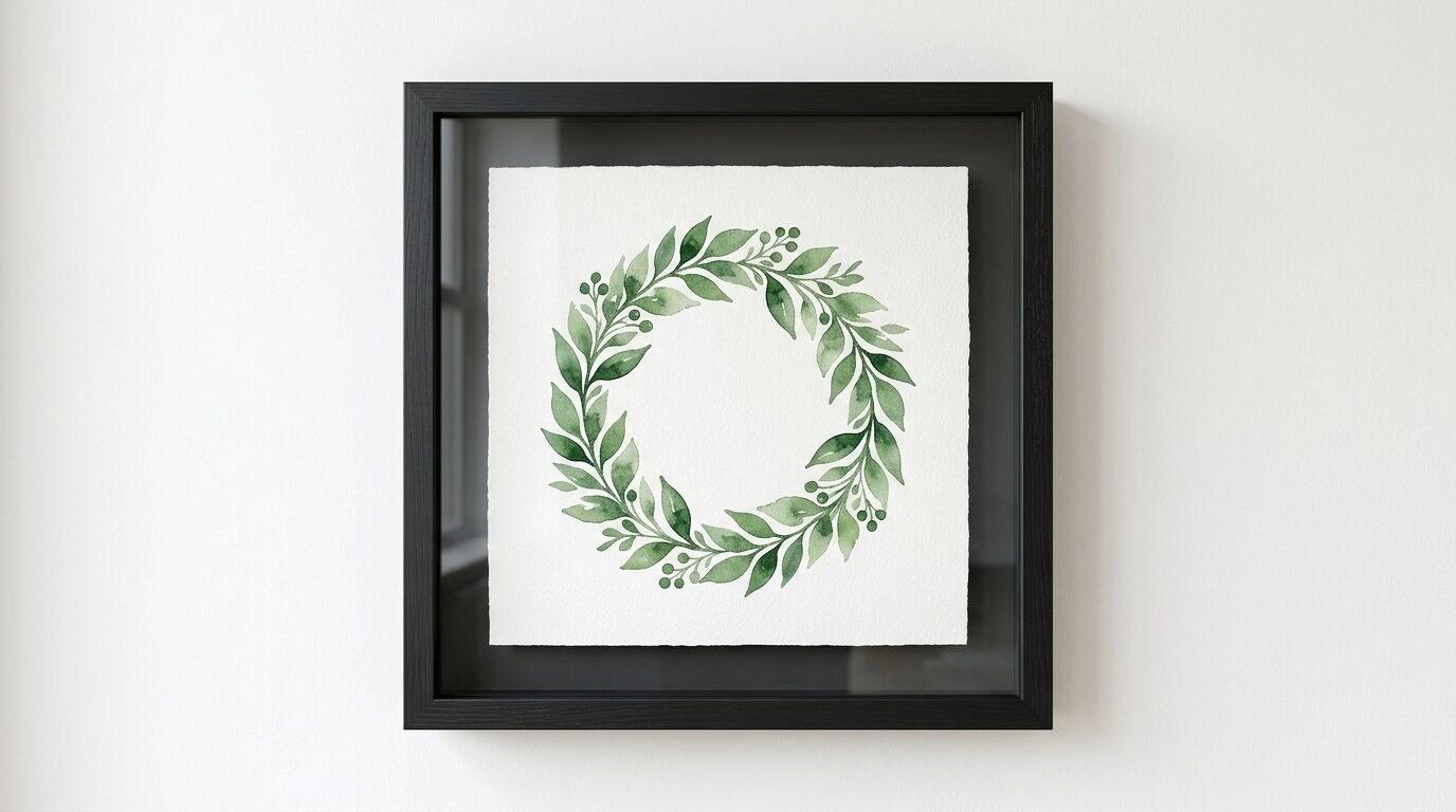 A framed watercolor painting of a leafy green wreath hanging on a plain white wall.