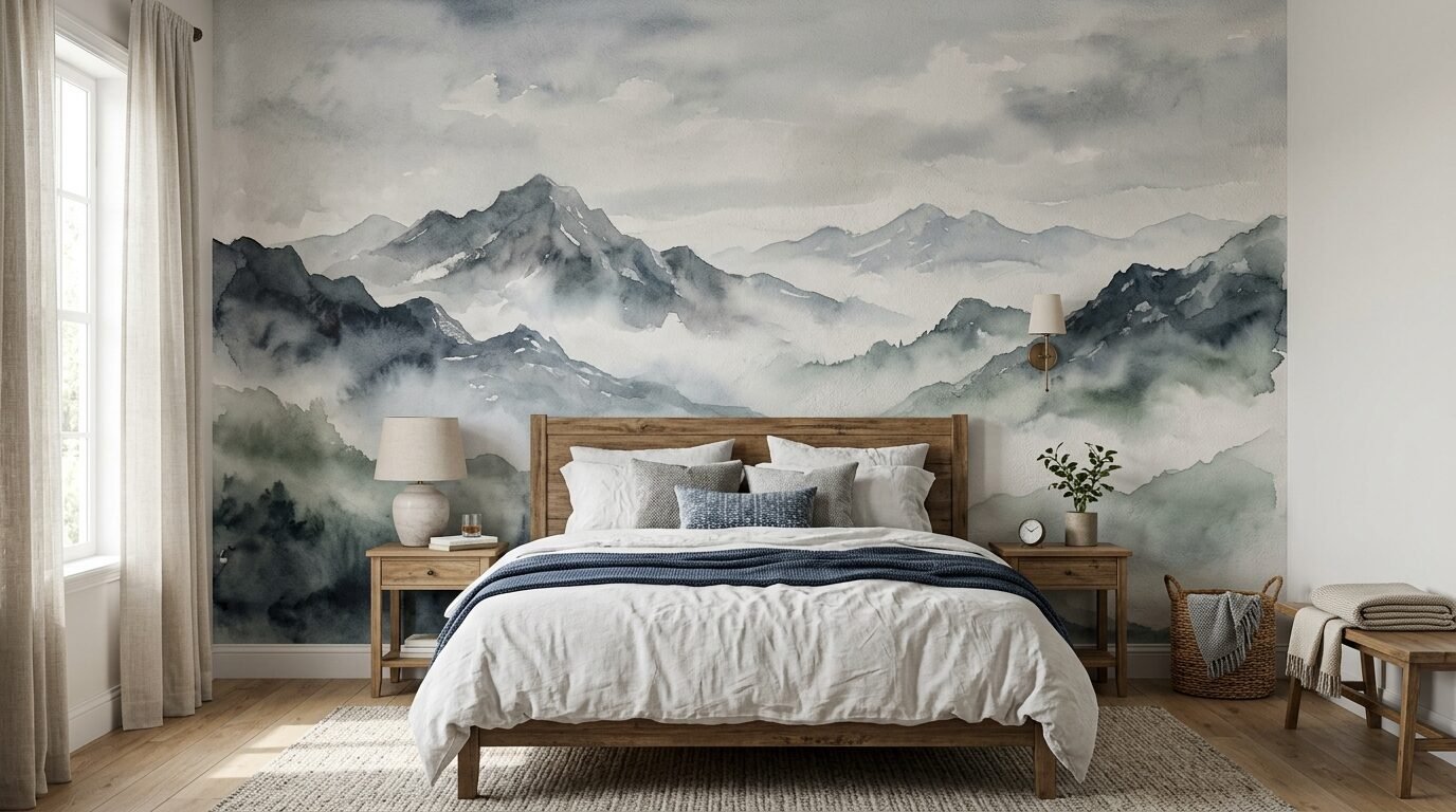 Modern rustic bedroom with a blue and grey painted mountain scenery wallpaper behind a wooden bed frame.
