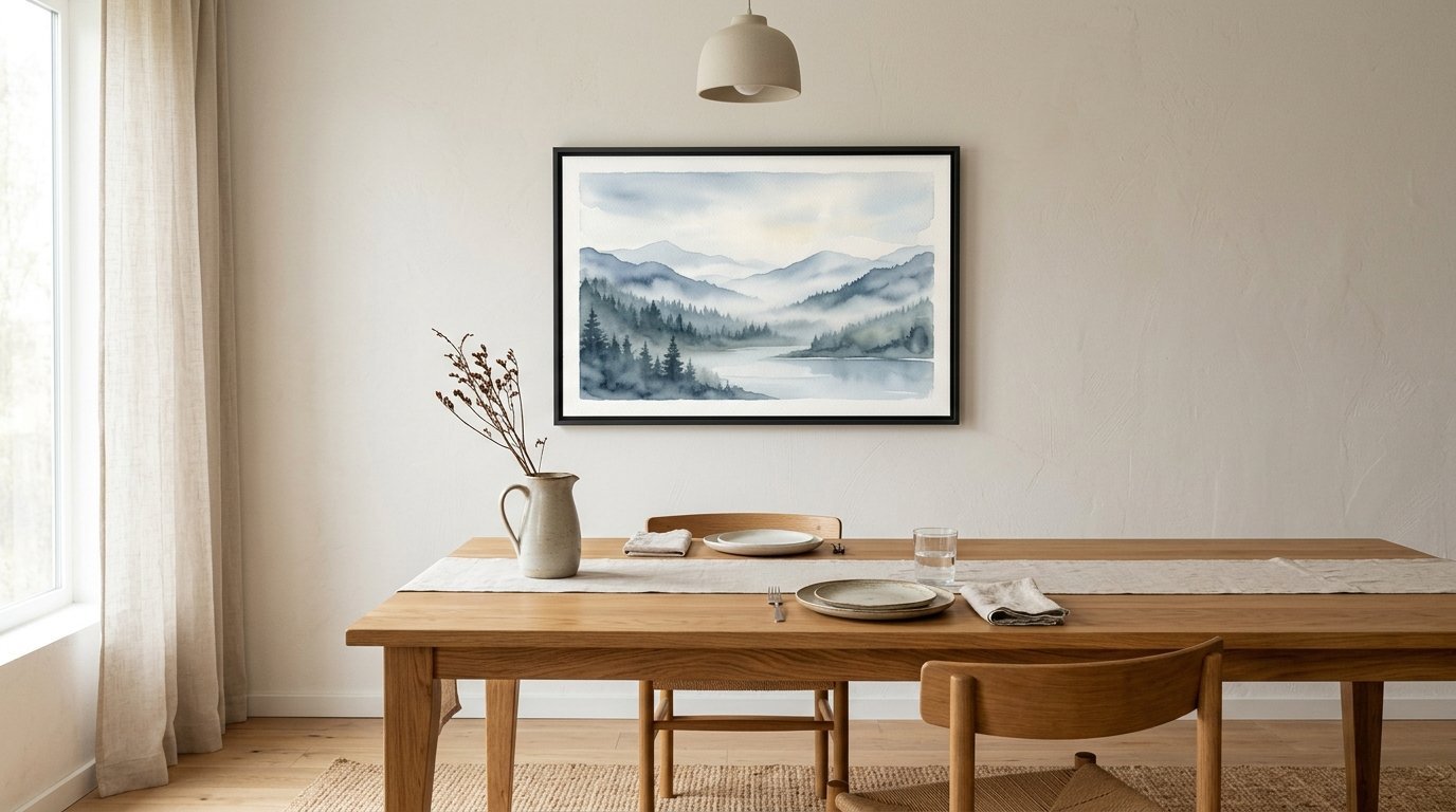 A framed watercolor painting of misty blue mountains hung on a neutral dining room wall above a wooden table.