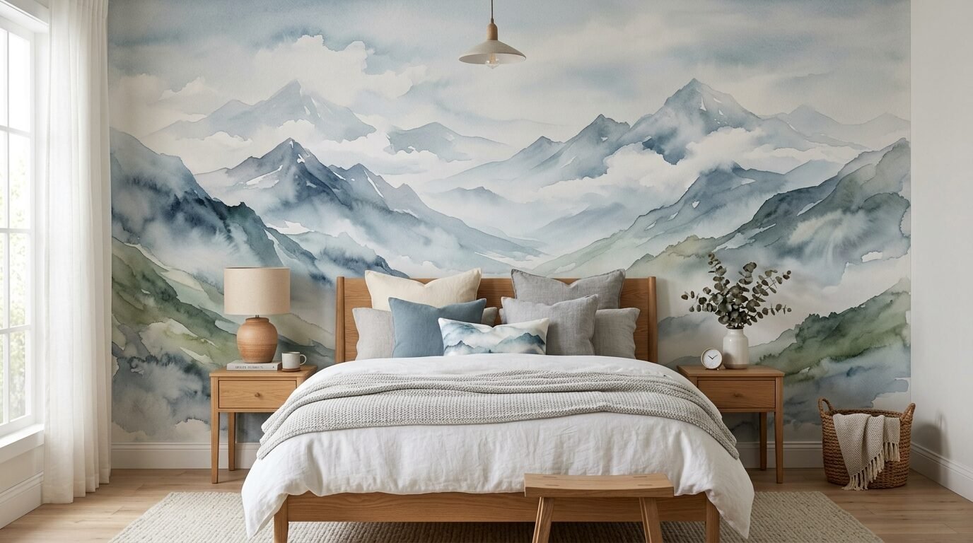 Modern wooden bed centered against a landscape wallpaper of misty watercolor peaks and green valleys.