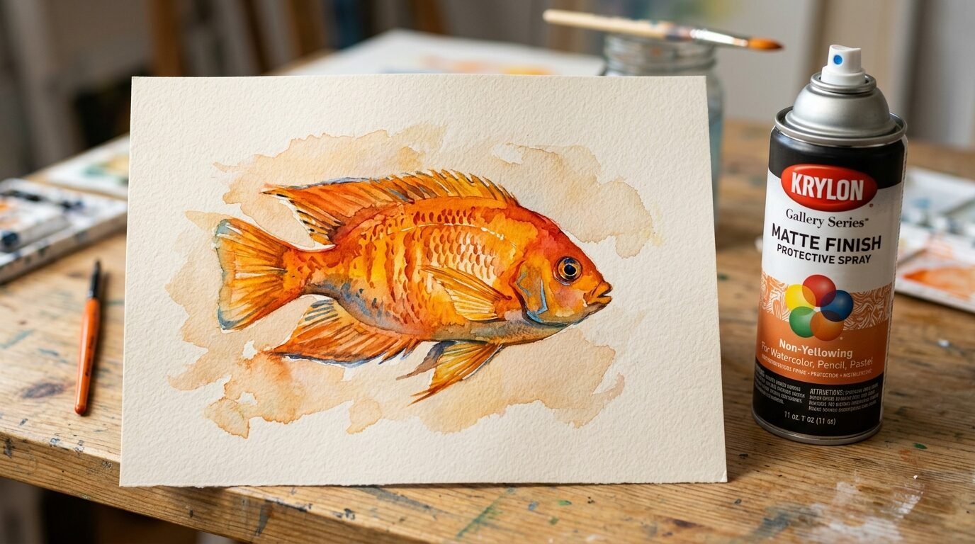 A detailed watercolor illustration of an orange fish next to a can of Krylon matte protective spray.