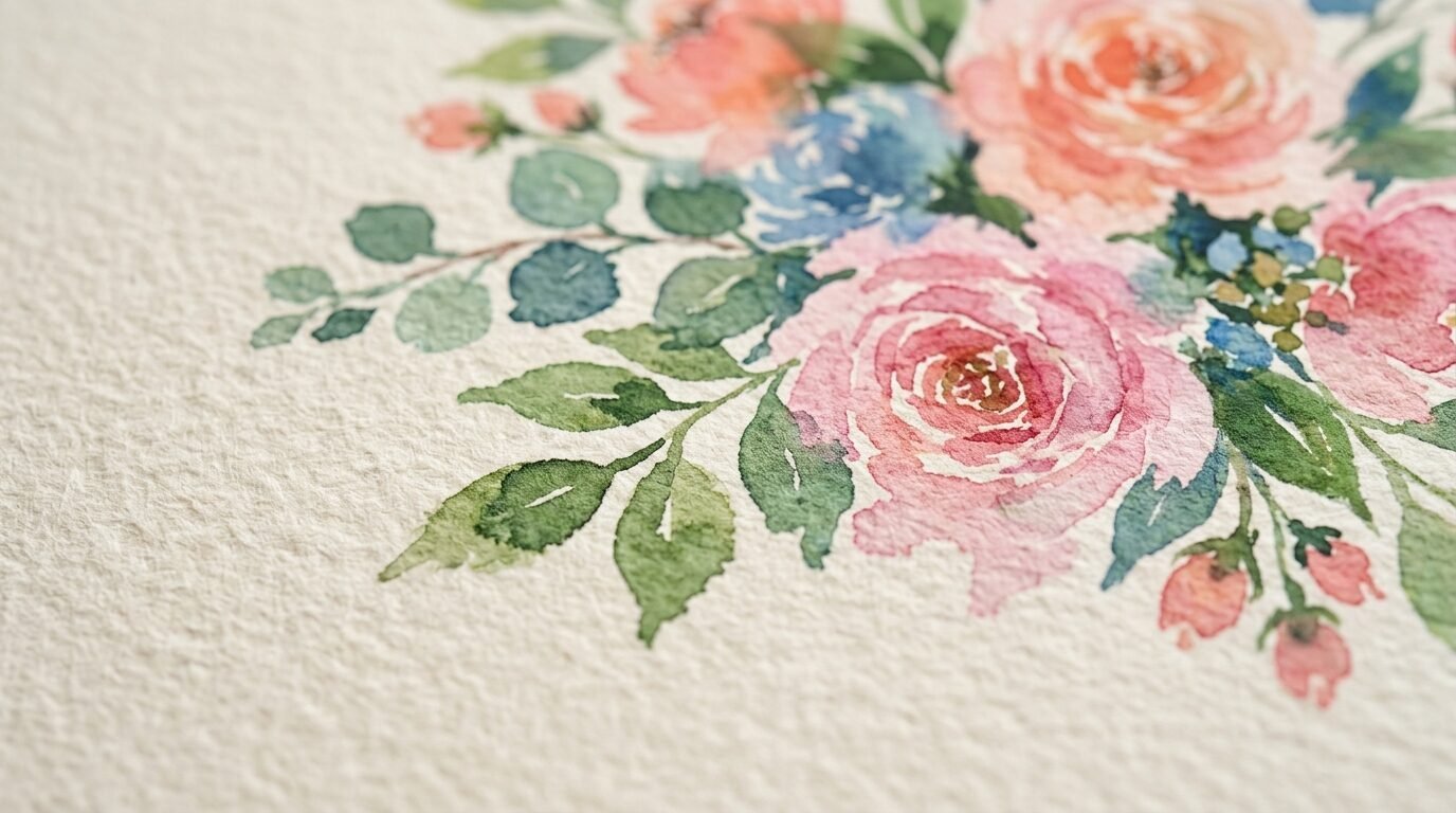 Close up of a hand-painted floral watercolor artwork featuring soft pink roses and green leaves on rough paper.