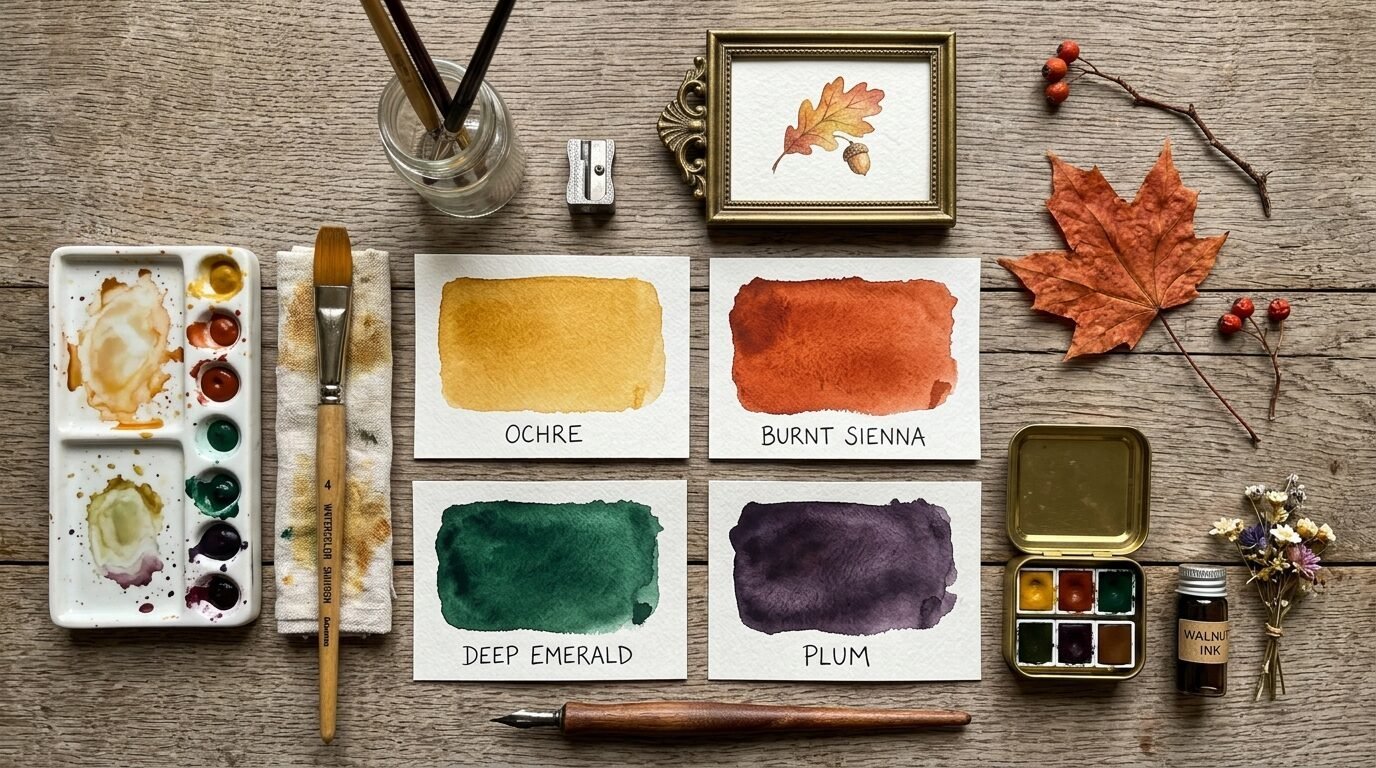Top-down view of hand-painted watercolor color samples on cards with art tools and autumn leaves on wooden desk.
