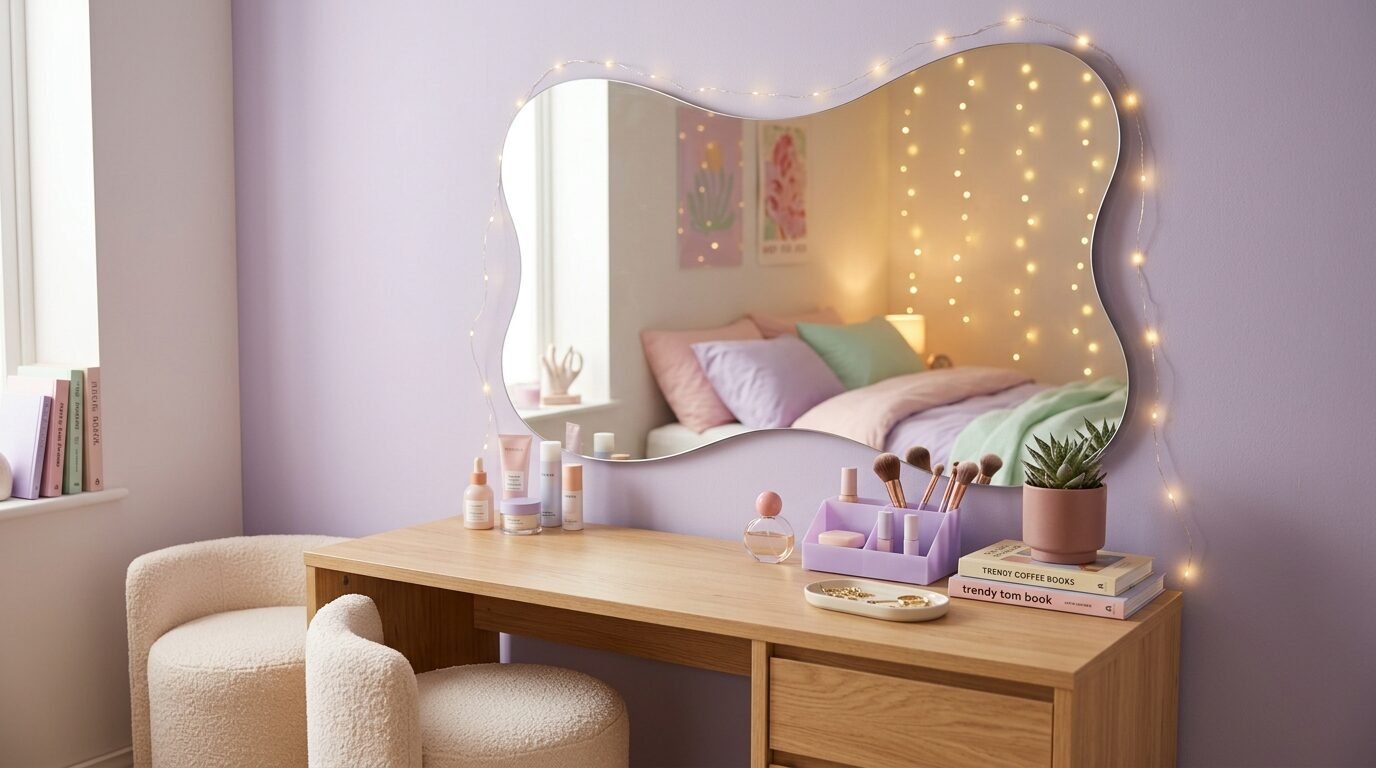 A wooden dressing table with a wavy-edged mirror and string lights against a lavender wall in a soft bedroom.