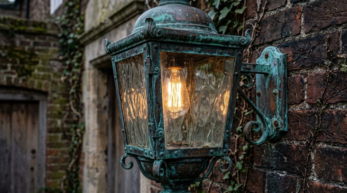 Vintage green copper wall lantern with a warm Edison bulb mounted on a rustic brick wall.